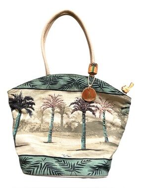 PAUL BRENT Palm Tree Tote Beach Bag Beaded Canvas Zipper Y2K